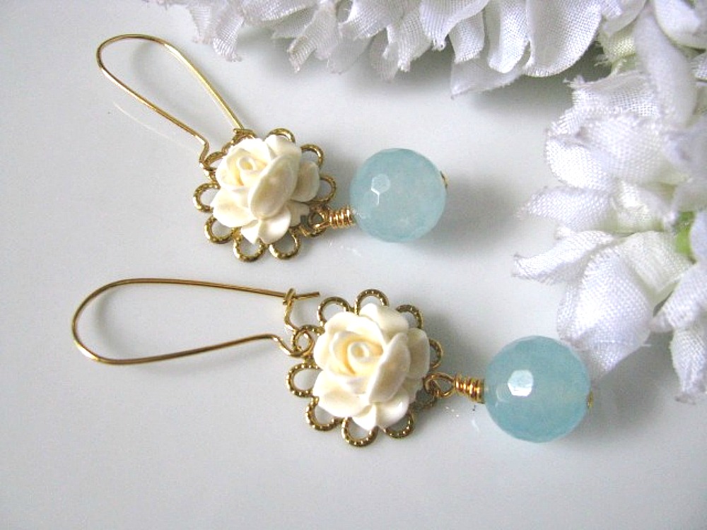 Vintage Cream Ivory Rose Flower And Blue Jade Drop Earrings on Luulla